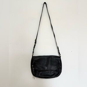 Vintage Fossil Issue No 1954 Black Leather/Gold Zip Crossbody Handbag Purse Lrg